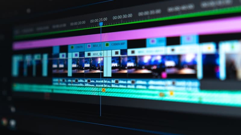 Video editor working in a professional editing suite with multiple monitors